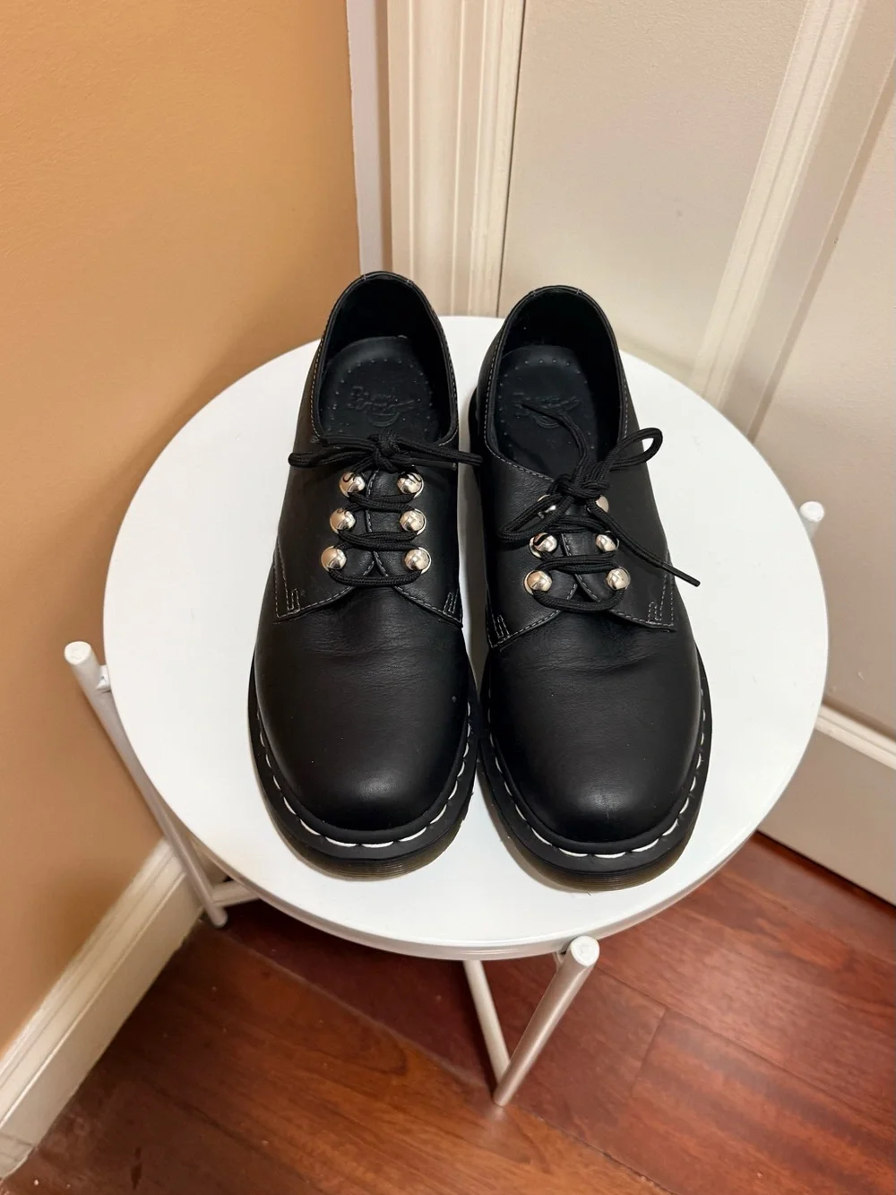 Dr. Martens Black Leather Lace-Up Flats with Silver Eyelets